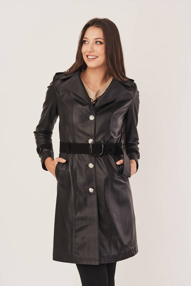 Dámský kožený plášť v černé barvě